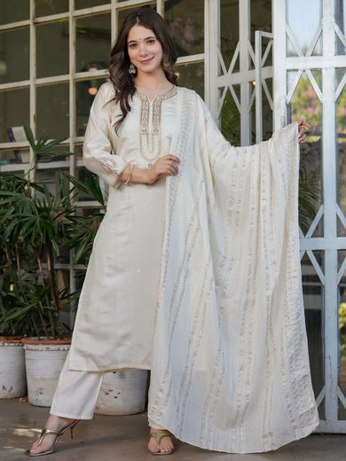 Incredible Off-White Embroidered Viscose Traditional Pant Suit
